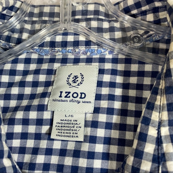 IZOD Gingham Button Down Shirt Long Adjustable Sleeve LG Cotton Blue Whi… - Picture 3 of 10